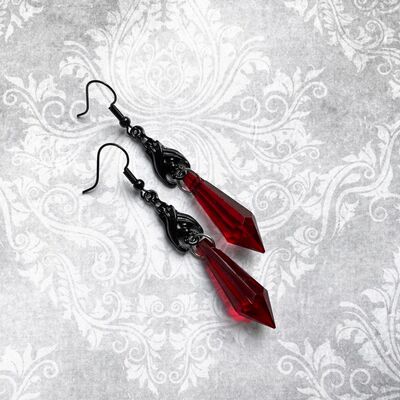 Black Bat Earrings with Red Teardrop Beads, Earrings, Gothic