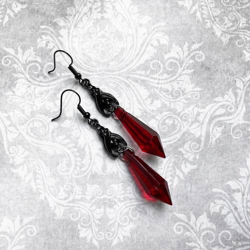 Black Bat Earrings with Red Teardrop Beads, Earrings, Gothic