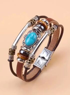 Women's Tribal Syle Pu Leaher Bracele - Adjusable Sainless S