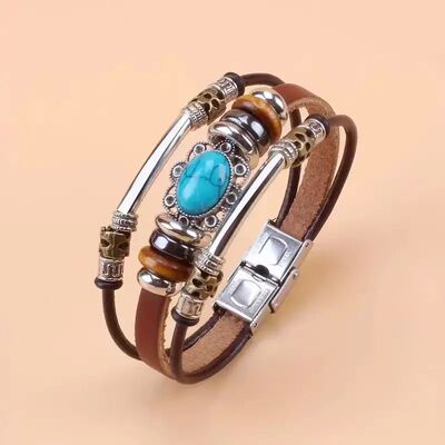 Women's Tribal Syle Pu Leaher Bracele - Adjusable Sainless S