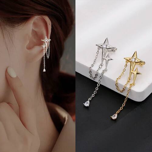 Shiny Cross Stars Tassel Clip Earrings Fake Piercing Ear Cuf