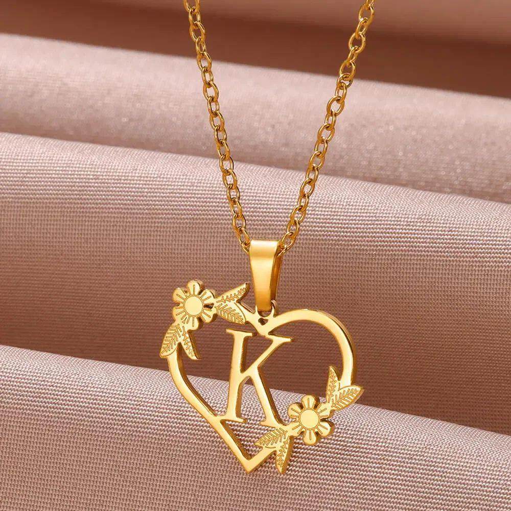 Gold Color Dainty Flower Initials Necklace Women Girl Stainl
