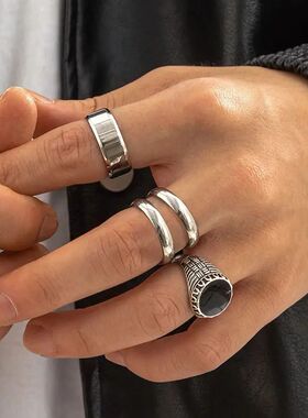 4Pcs/Set Gothic Vintage Silver Color Geometric Ring for Men