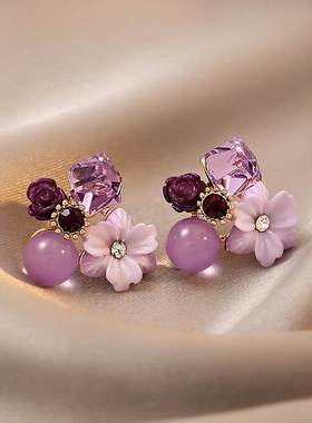 Purple Crystal Flower Stud Earrings For Woman Korean Fashion