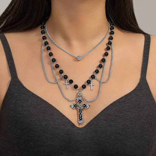 Gothic Layered Cross Necklace Women Black Bead Choker Silver