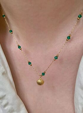 Boho Gold Shell Pendant Necklace Green Beads Chain Summer Be