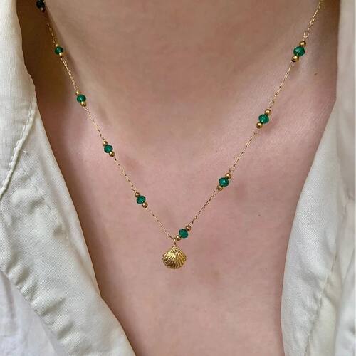 Boho Gold Shell Pendant Necklace Green Beads Chain Summer Be