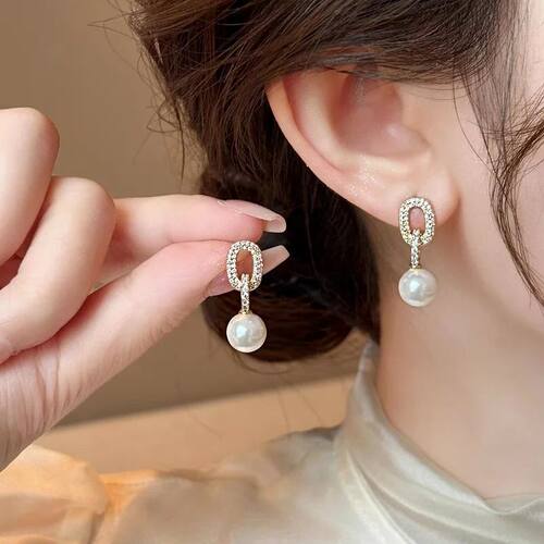 Zircon Oval Pearl All-match Dangle Earrings Elegant Atmosphe