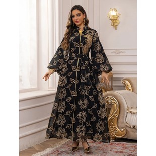 Dubai Luxury Black Floral Embroidered Long Dress wih Gold