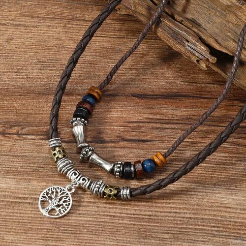 e of Life Pendant Necklace Leather Rope Mixed Beaded Layered