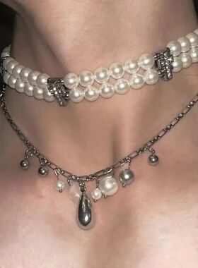 Y2K Gohic Double Layered Pearls Cross Necklace for Women Men