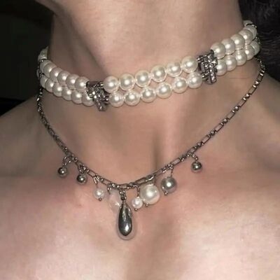 Y2K Gohic Double Layered Pearls Cross Necklace for Women Men