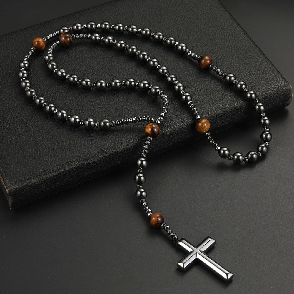 Black Hematite Round Beads Yellow Tiger-eye Stone Cross Pend