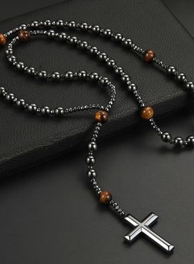 Black Hematite Round Beads Yellow Tiger-eye Stone Cross Pend
