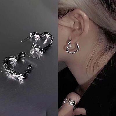 Korean Fashion  Silver Color Heart Hoop Earrings for Women E