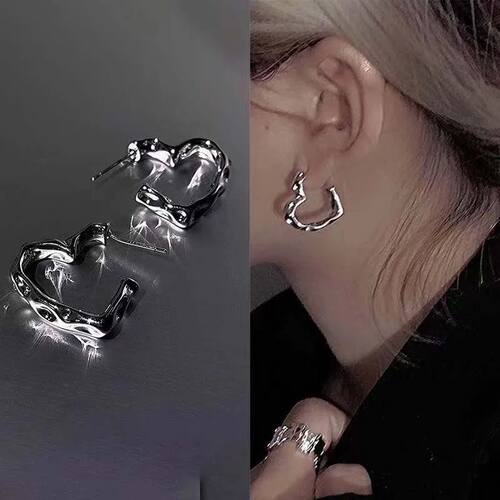 Korean Fashion  Silver Color Heart Hoop Earrings for Women E