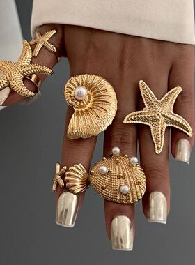 6Pcs Conch Shell Pearl Open Ring Exquisie Ins Summer Ocean S