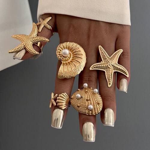 6Pcs Conch Shell Pearl Open Ring Exquisie Ins Summer Ocean S