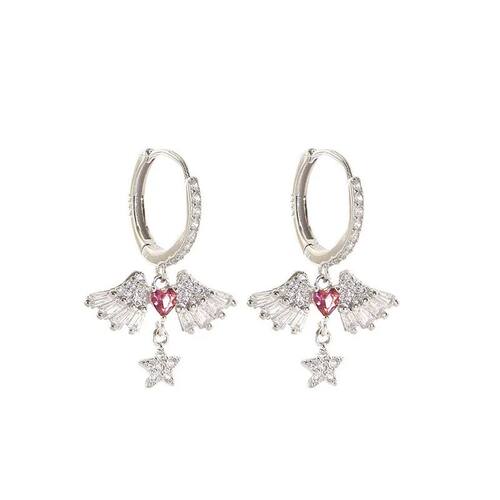 S925 Silver Color Earrings Pink heart shaped crystal zircon