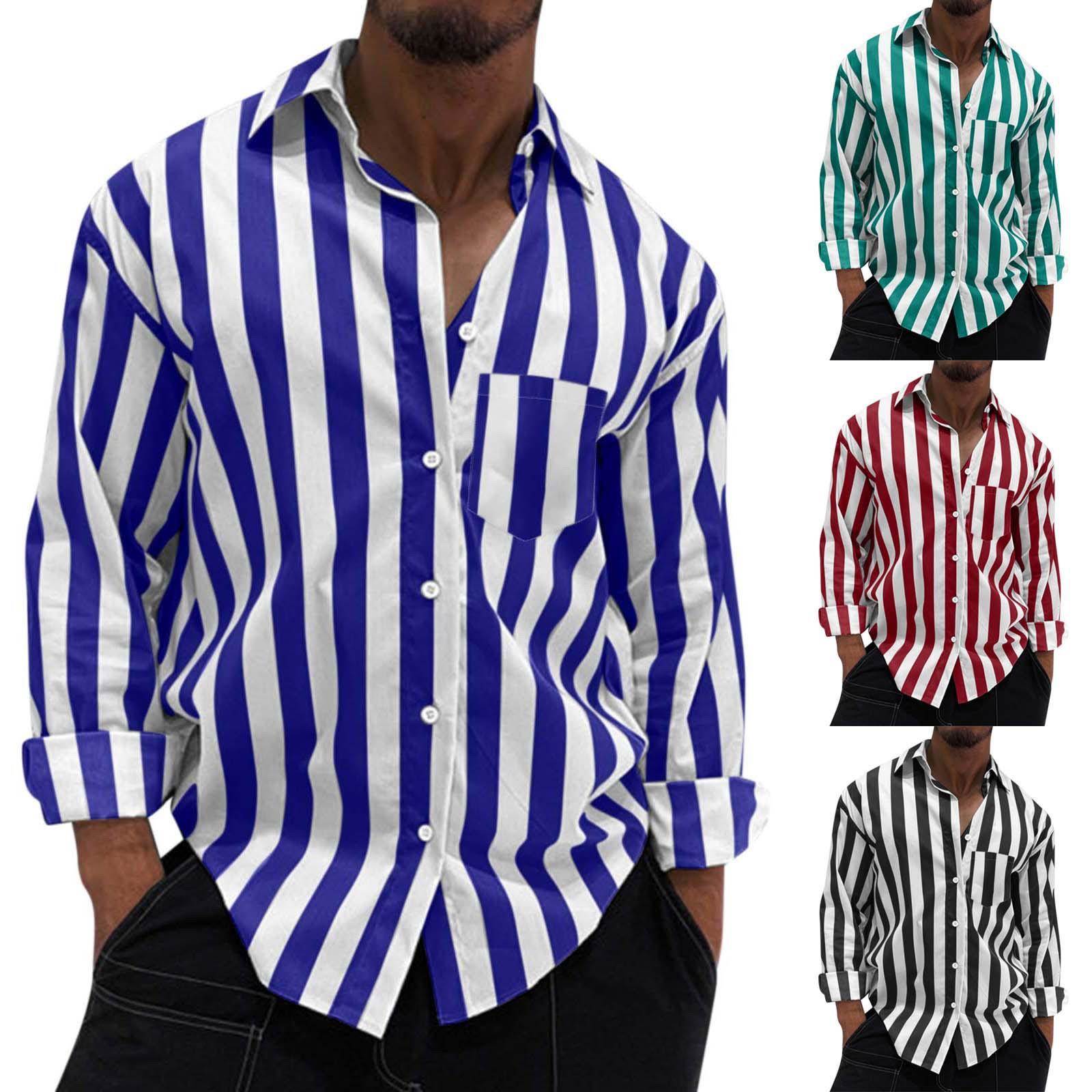 2022 Striped Casual Lapel Cardigan Shirt Vintage Men Shirt