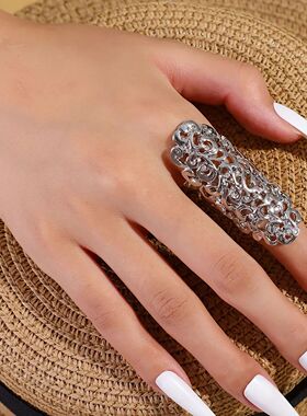 Exaggeraed Long Hollow Open Ring Silver Plaed Inlaid Zircon