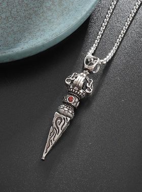 Retro Gothic Red Zircon Buddhist Vajra Pendant Necklace for