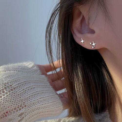 Simple Silver Color Asymmetric Four-Pointed Star Stud Earrin