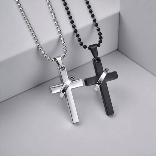 Classic Cross Circle Pendant Necklace, Stainless Steel Round