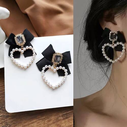 Vinage Black Bowkno Earrings Women Imiaion Pearl Hear Drop E