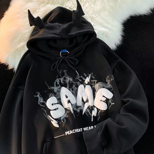 春秋季恶魔潮流印花男女生情侣连帽卫衣甜酷大码套头带角洋气卫衣