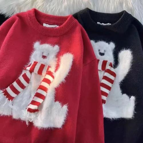 潮美式复古北极绒小熊圆领毛衣