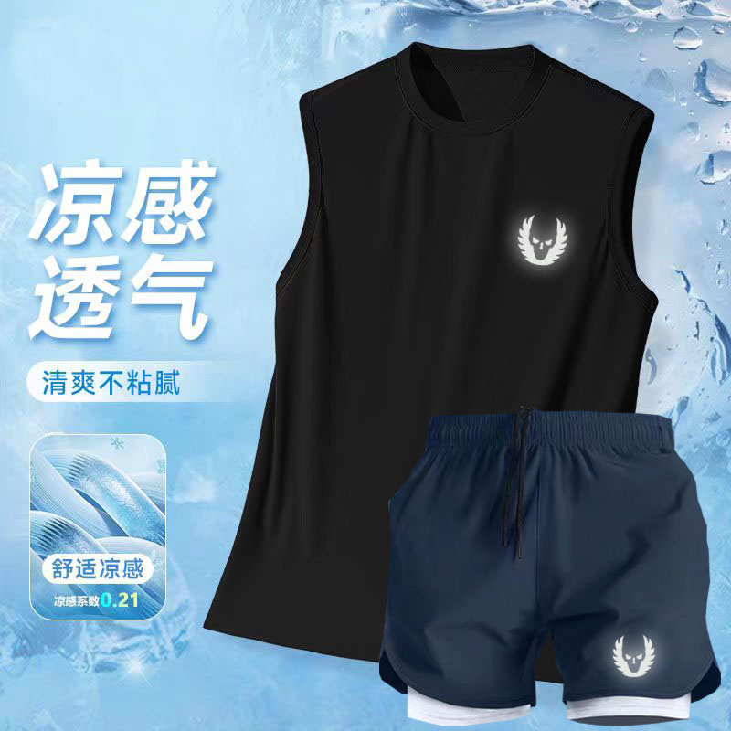 俄勒冈运动套装男速干背心假两件短裤篮球运动跑步健身训练运动服