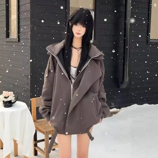 350克解构刺绣蝙蝠袖外套卫衣男女冬季重磅假两件保暖立领连帽衫