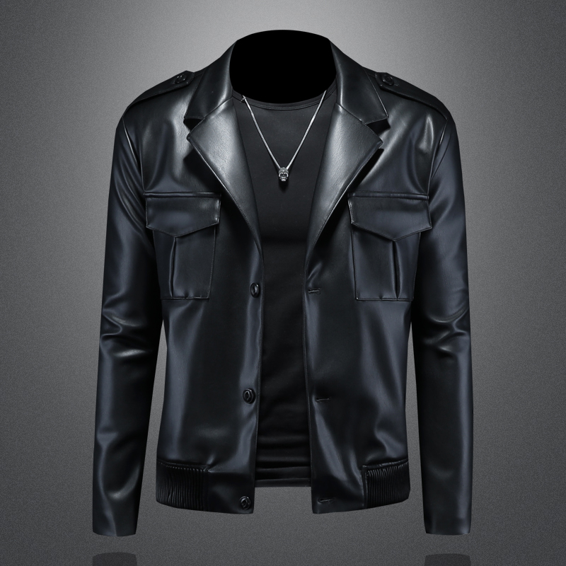 韩版潮流男装 口袋肩章装饰水洗皮衣男 纯色简洁修身加大码皮夹克