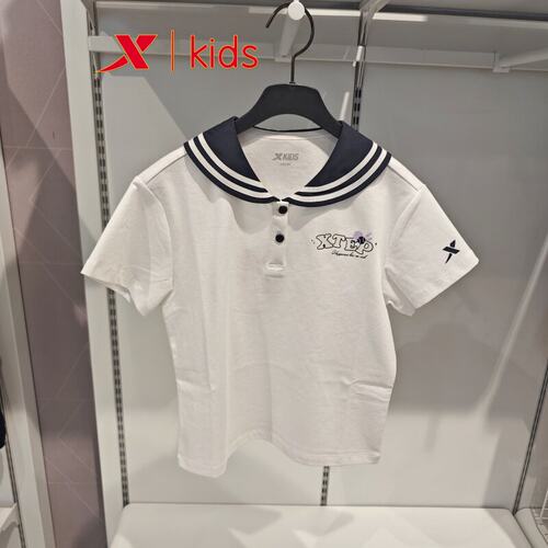 特步儿童2025夏款675224024077女大童校园海军领针织休闲短袖T恤