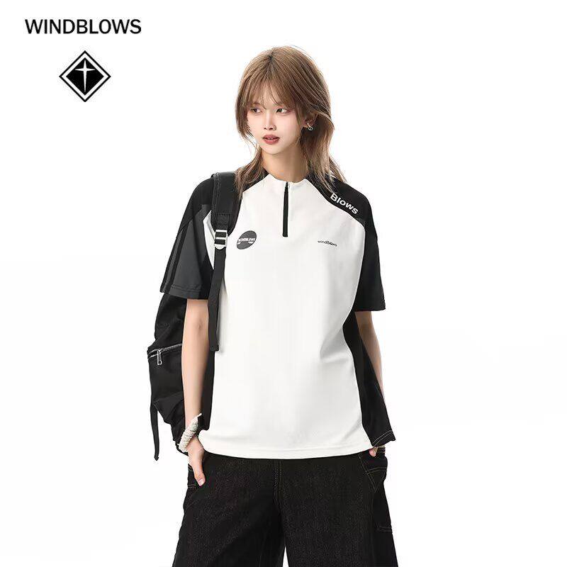 黑白撞色半拉链凉感速干短袖男夏季美式运动防晒训练服球衣风t恤