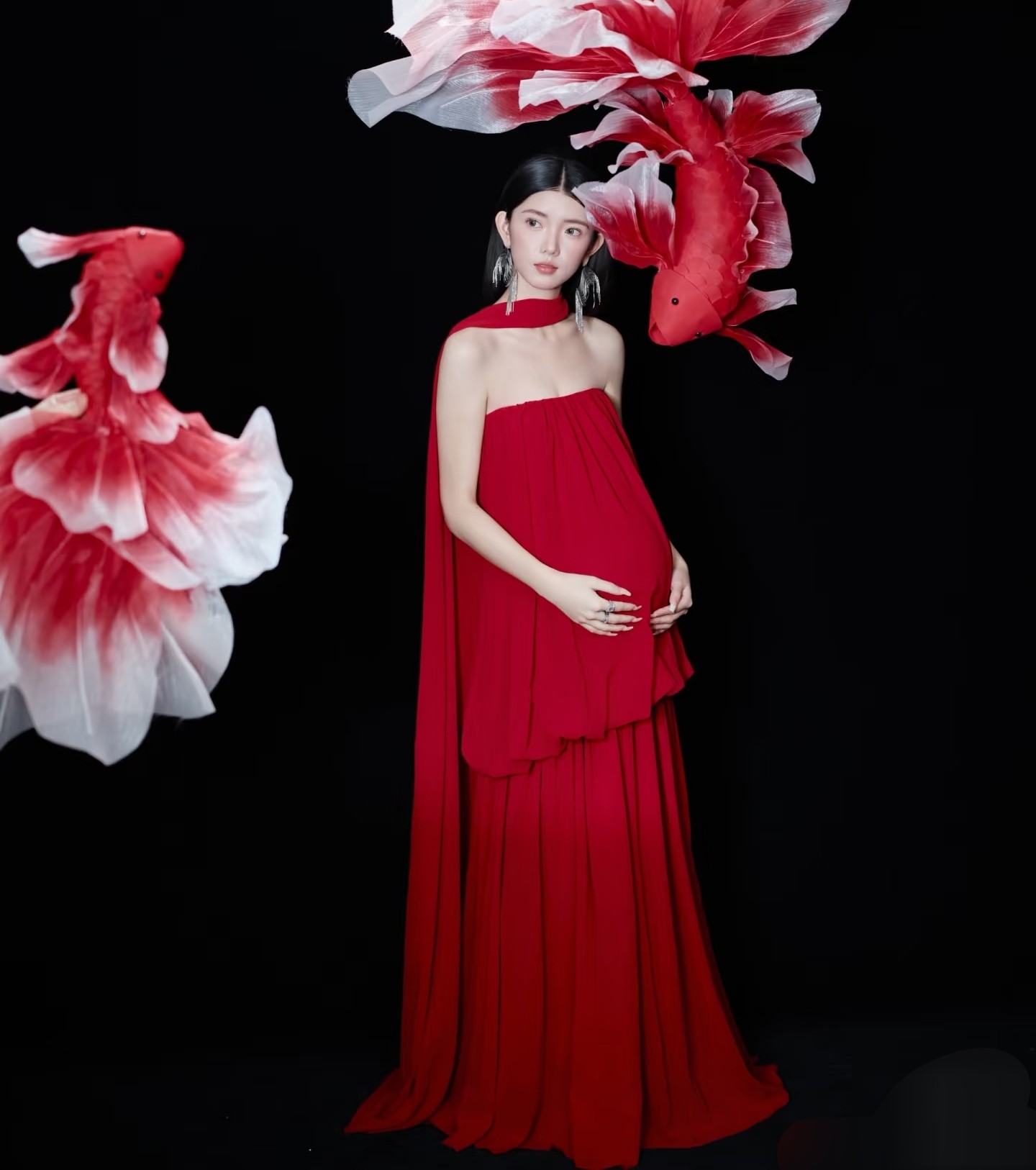 【现货】孕妇装晨袍女新娘拍照礼服红色连衣裙仙生日派对直播摄影