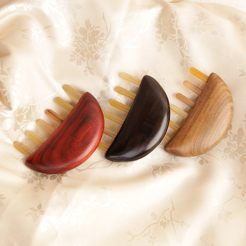 绿檀拼羊角插齿梳粗齿梳檀香梳卷发AMS-T6插齿按摩梳厚实经络按摩