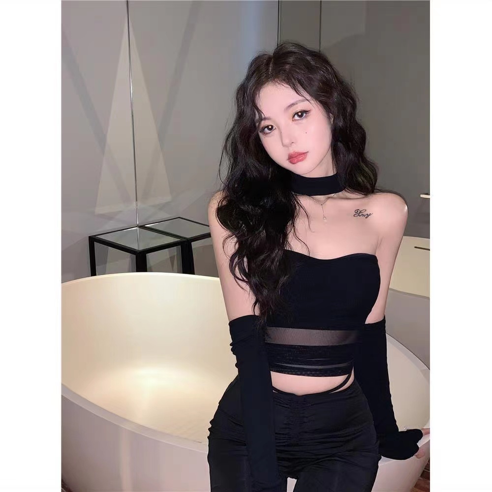 纯欲性感辣妹上衣女一字肩设计感高腰短款网纱袖套打底衫抹胸背心