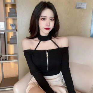 打底衫 显瘦百搭长袖 女春秋镂空挂脖露肩上衣 性感修身 网红主播韩版