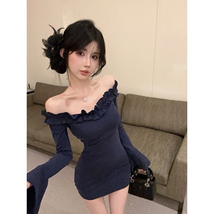 紧身包臀短裙棉 连衣裙露肩显瘦花边超仙喇叭袖 2025爆款 一字肩长袖