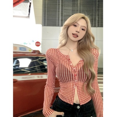红色格子长袖防晒衬衫女秋季修身网纱美式辣妹设计感显瘦短款上衣