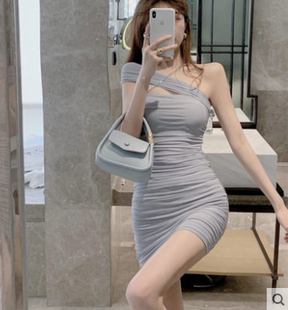 气质不规则网纱链条交叉吊带抹胸裙包臀冷淡风女装高级感连衣裙子