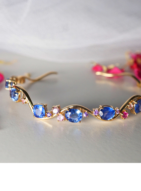 如遇/天然蓝宝石手镯+彩蓝宝手镯 18k金原创/InColor彩定制