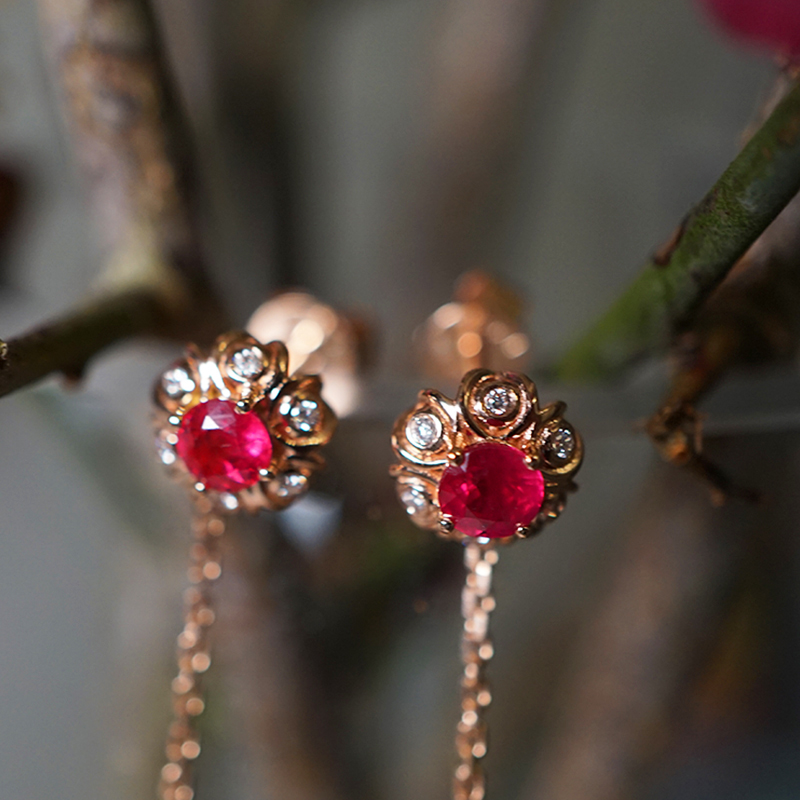 玫蕊/天然红宝石+刻面珍珠可拆 18k金耳环 原创/InColor彩定制