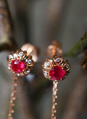 玫蕊/天然红宝石+刻面珍珠可拆 18k金耳环 原创/InColor彩定制