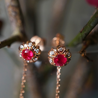 玫蕊/天然红宝石+刻面珍珠可拆 18k金耳环 原创/InColor彩定制