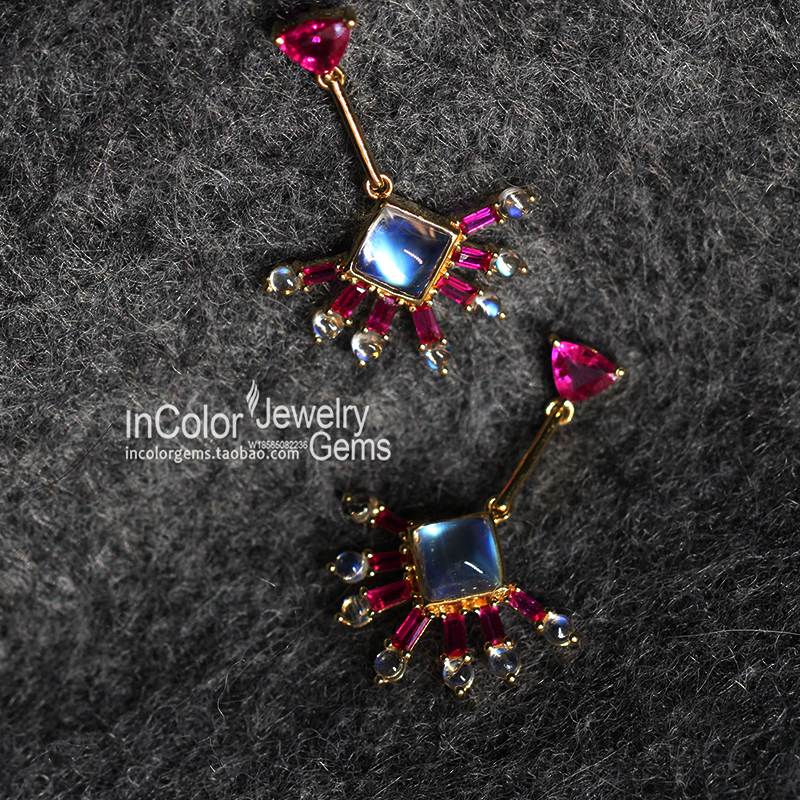 舞者/天然红宝石月光石耳饰 18k金镶嵌 原创款/InColor彩定制