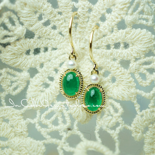 复古/天然祖母绿耳钩 k金+珍珠 鉴赏定制/InColor彩定制