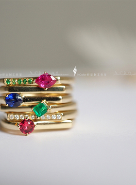 一念之间 /天然红蓝宝石祖母绿尖晶石 k金戒指/InColor彩定制原创
